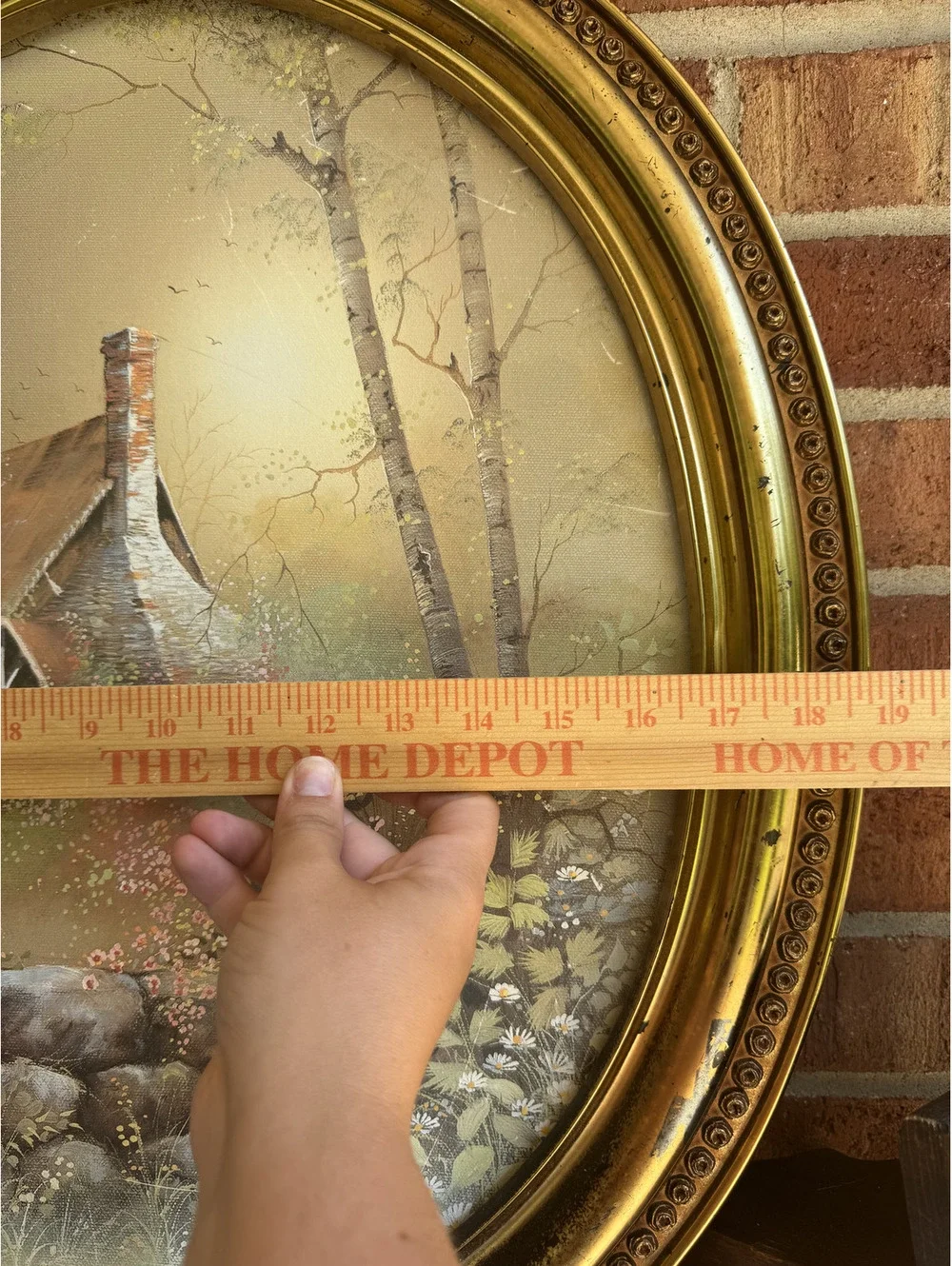 Vintage Oval Gold Tone Frame with Cottage Landscape Painting